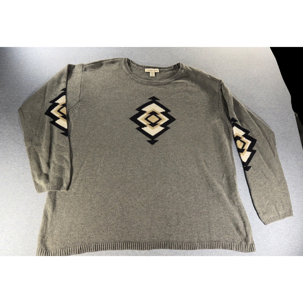 Coldwater Creek Gray Geometric Intarsia Knit Sweater Womens 1X Cotton Blend